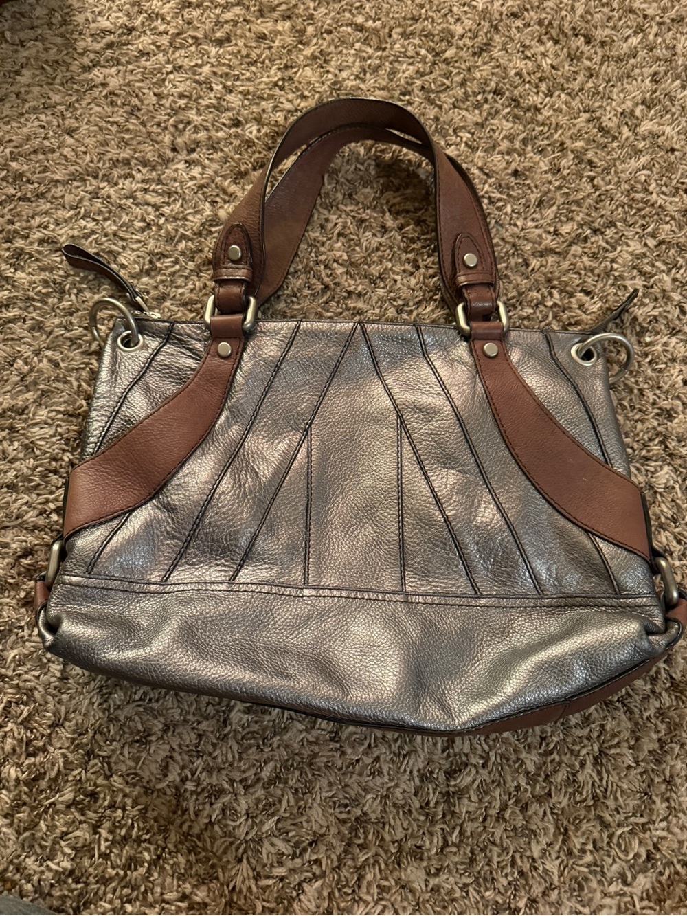 Vintage Fossil Metallic Leather Shoulder Bag Pewter Bronze Cognac Trim